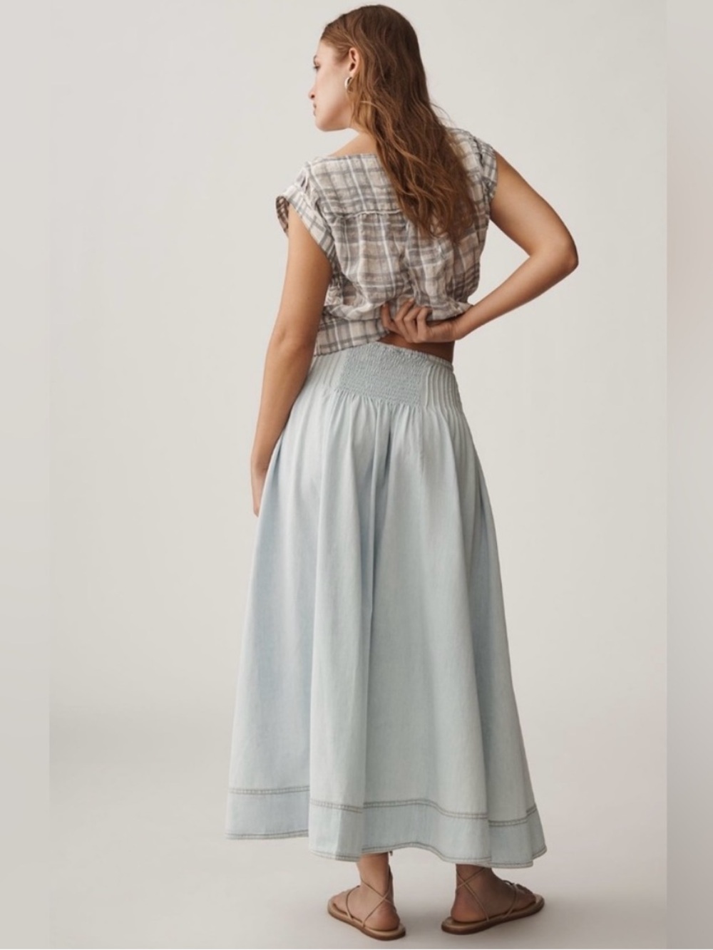 Anthropologie Pilcro Light Wash Cotton Pintuck Basque-Waist Denim Maxi Skirt XL - Picture 4 of 16